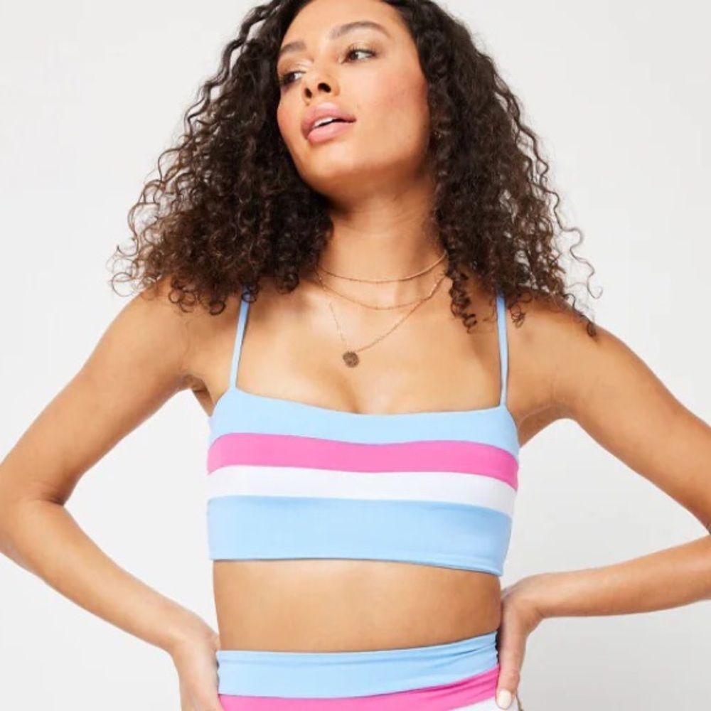 L*SPACE Rebel Blue Pink‎ Striped Bandeau Bikini Top Size XS New